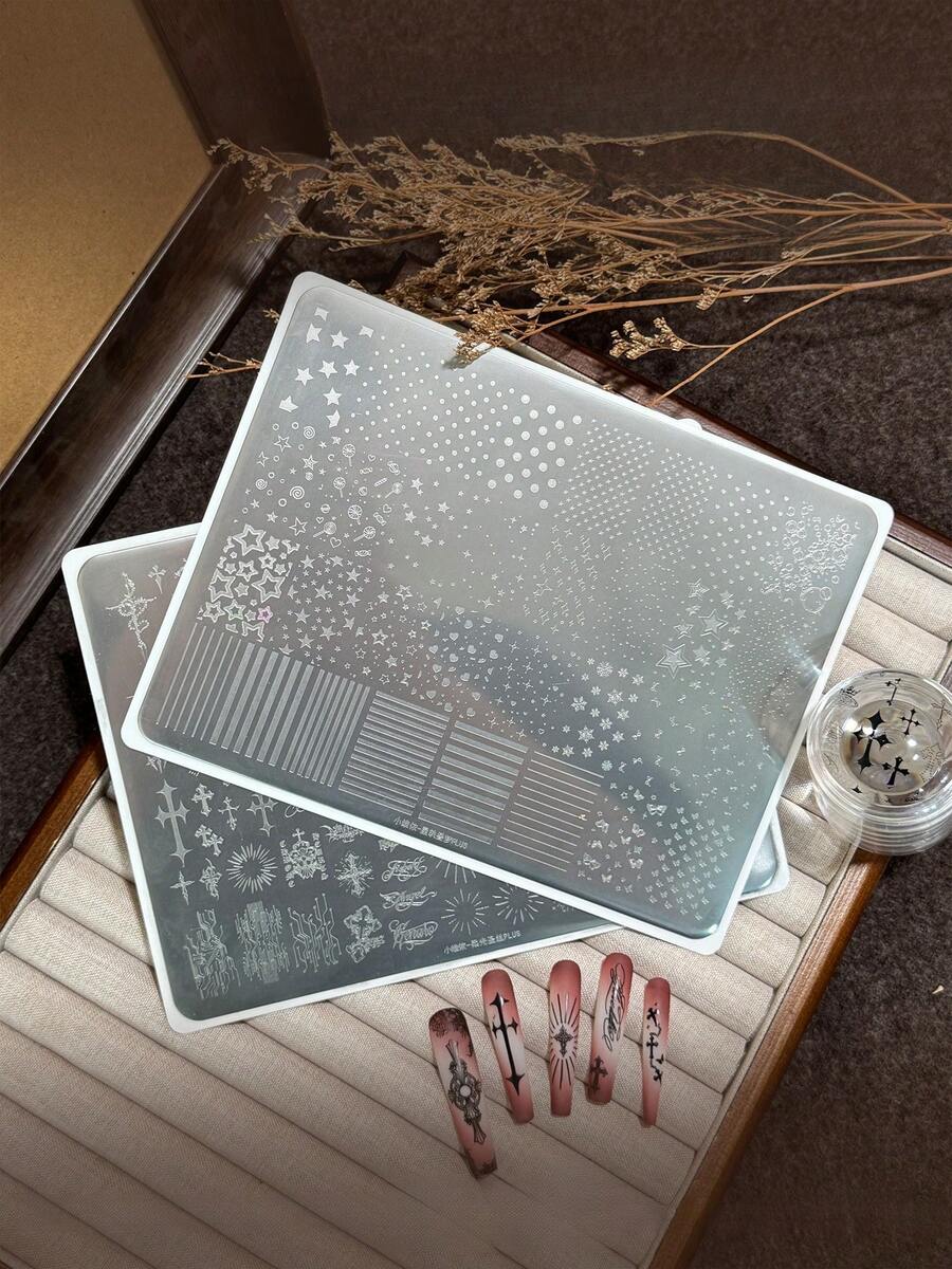 1PC New Gothic Nail Stamping Plate, Large Multi‑Function Nail Art Stamp Template, Cross Hollow Star Pattern, No Hand‑Painting, Use With Nail Stamping Gel For DIY Manicure Decor - Multicolor - View 1