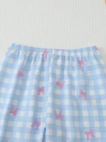 Tween Girls 2Pcs Blue Gingham Bow & Butterfly Print Long Sleeve Pajama Set, Casual Tween Girl Loungewear Sleepwear For Spring Fall Winter Home Outfit - Blue - View 7
