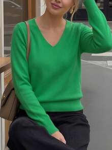 GIGOGOU 秋冬基礎款女式針織套頭毛衣，柔軟舒適 V 領休閒針織上衣，極簡風格 - 綠色 - 查看 4