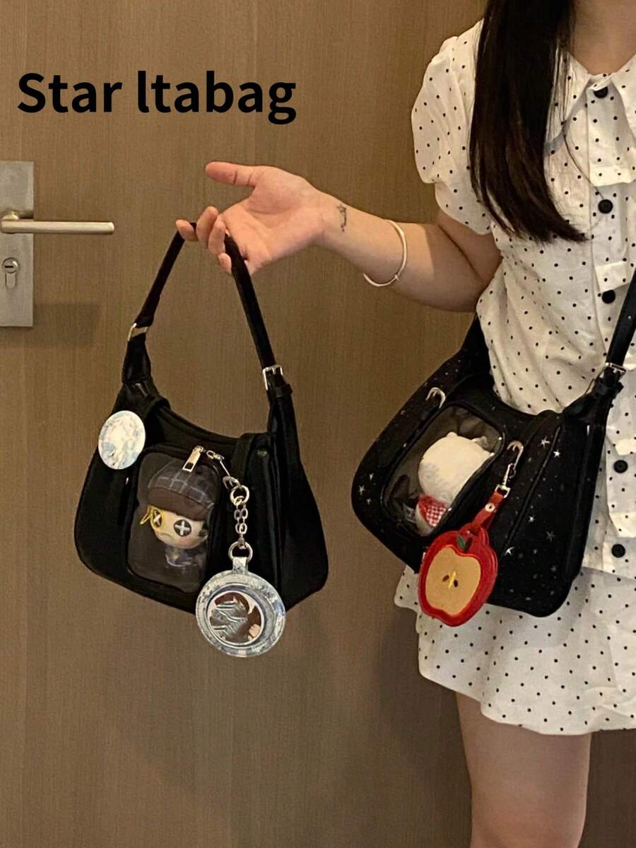 1個新款日系黑色PU材質時尚休閒街頭個性化極簡Y2K透明郵差包，適合日常、通勤、派對、度假禮物，可肩背與斜背