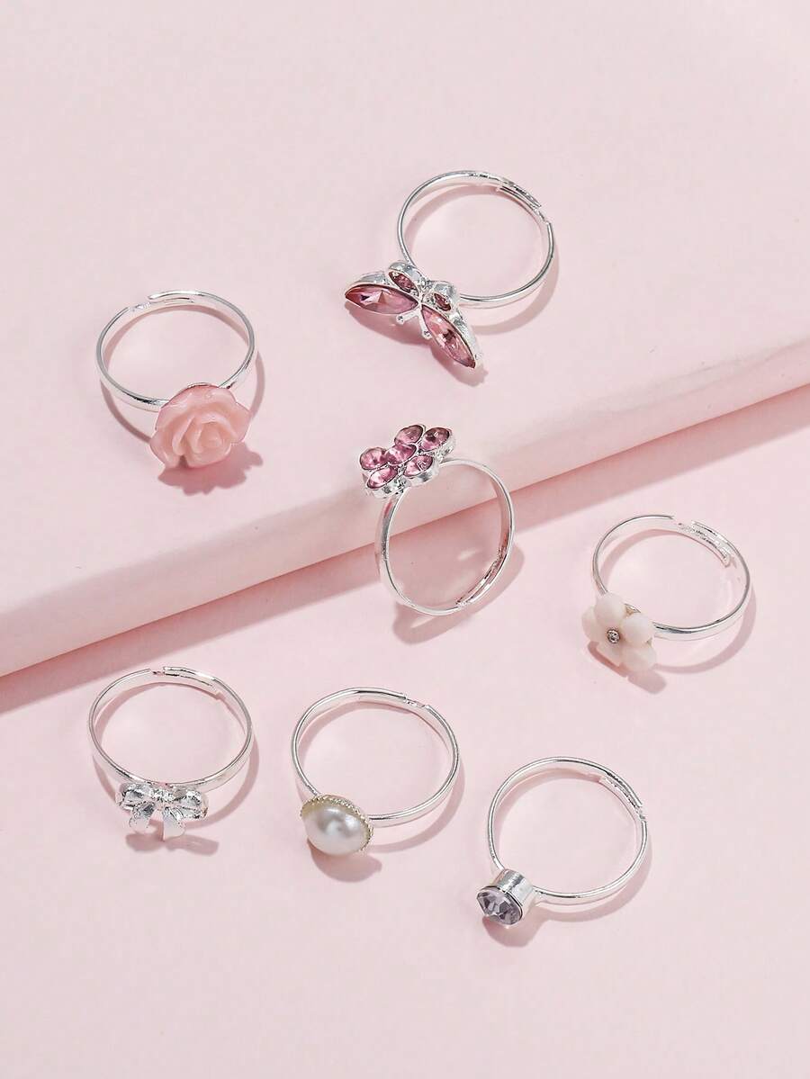 7pcs Girls Rhinestone Detail Ring - Multicolor - View 1