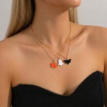 3pcs Halloween Multi-Layer Stacked Necklaces, Pumpkin Ghost Bat Oil Drop Pendant, Women's Holiday Party Decorative Collarbone Chain - Multicolor - View 7