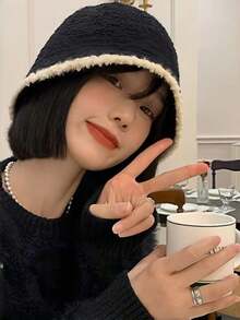Bucket Hat, Japanese Style Face-Slimming, Black Knitted Plush Bucket Hat, Sun Protection, Face-Slimming, Bucket Hat, Versatile For Outings, Travel Essential, Travel Must-Have, Fashionable And Versatile, Matches Any Outfit, Perfect For Walking, Great For Photos, Gift For Women, Gift For Girlfriend, Gift For Best Friend, Women's Accessory, Personalized Gift, Fun Gift. - Multicolor - View 10