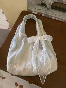 小眾設計 Ins 通勤外出日常購物 中式刺繡藝術清新仙氣布包 單肩腋下大容量托特包 側背包 - 淺藍色 - 查看 7