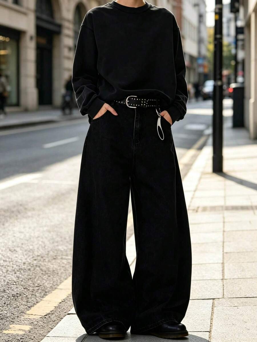 1pc Men's Retro Style Black Loose Wide Leg Flared Jeans