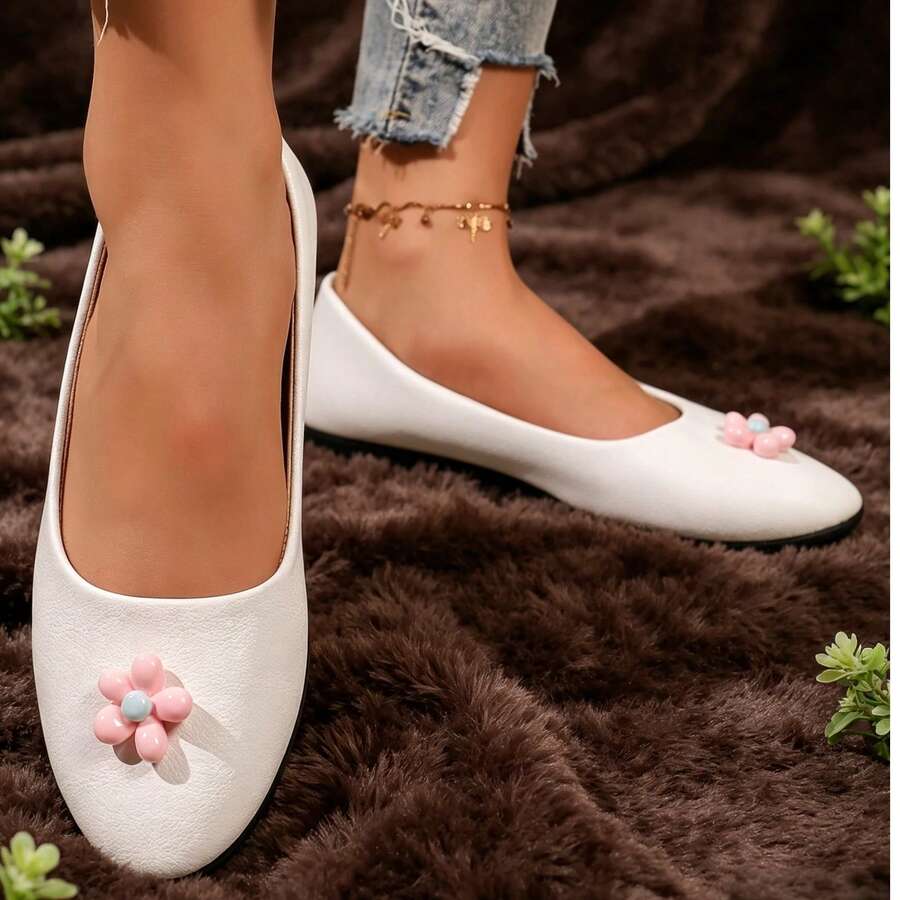 女款甜美3D花朵平底樂福鞋,淺口方頭軟皮溫柔風慵懶通勤開車便鞋 - 白色 - 查看 1