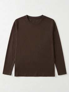 Women's Solid Color Long Sleeve Crew Neck T-Shirt, Loose Casual Top, Versatile All-Match Layering Tee For Spring And Autumn - Coffee Brown - View 4