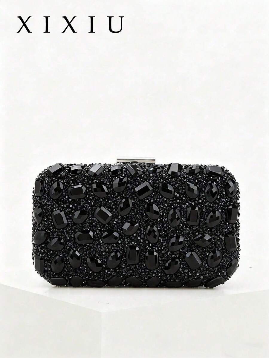 Women's Luxury Sparkling Crystal Decorated Square Box Clutch, Detachable Metal Chain Shoulder Strap, Wedding Accessory - Black - View 1