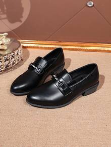 Rhinestone Chain Low Heel Loafers, Black Chunky Heel British Style Leather Shoes, Fashion Casual Office Wear, Student Commute Slip-On Rhinestone Loafers - Black - View 9