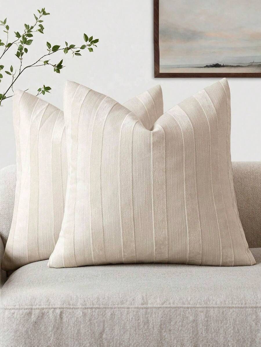 1pc/2pcs Beige 3D Striped Pillow Cover (Pillow Insert Not Included), Modern Fashionable Soft Chenille And Faux Linen Blended Dual-Tone Striped Comfortable Throw Pillow Case, Suitable For Home Sofa, Bedroom, Decor, All Seasons