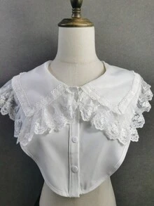 1件女款白色刺繡蕾絲飾邊純色波希米亞風聚酯纖維休閒套頭襯衫，附假領 - 白色 - 查看 8