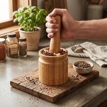 Bamboo Mortar And Pestle Set, Natural Herb Grinder And Spice Crusher, Wooden Herb Grinder, Suitable For Healthy Cooking And Apothecary Use - Brown - View 1