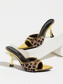 Jin Bei Qi Sandalias de tacón alto tipo mule con punta abierta y estampado de leopardo dorado para mujer, tacones altos glamurosos de verano, tacones altos dorados para exteriores, moda de todas las estaciones, discoteca, fiesta, banquete y reunión, sandalias elegantes para mujer, diseño de tacón de gatito, zapatos de tacón alto para mujer, zapatos casuales cómodos de otoño para mujer - Dorado - Ver 6