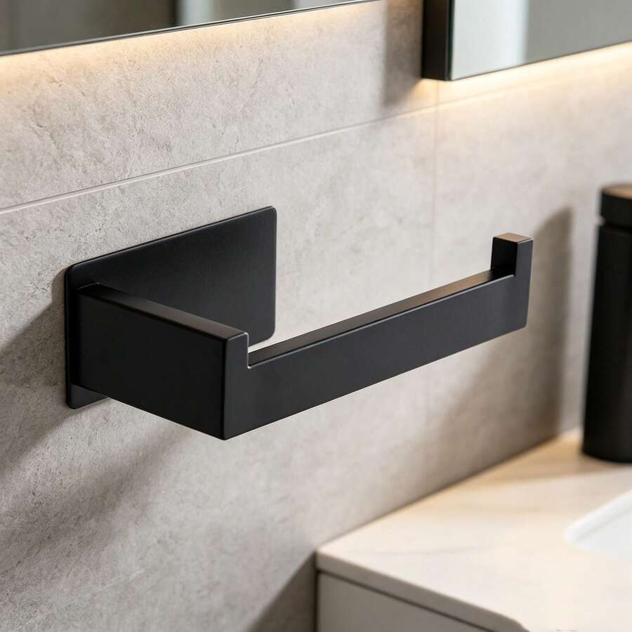 1-Piece Metal Toilet Paper Holder, Black, Drill-Free Adhesive, For Bathroom, Bathroom Accessories - Black - View 1