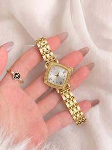 1pc/Set Rhombus Roman Numeral Women's Quartz Watch, Gold Minimalist Steel Band Wristwatch, French Luxury Elegant Niche Fashion Women's Watch, Versatile Elegant Gift Watch For Daily Commute, Party, Fashion, Suitable For Holidays, Birthday Gifts And More - White - View 2