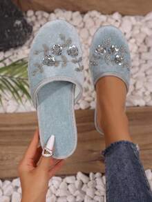 Lace Hollow Print Slip-On Slippers, Non-Slip Soft Sole, Breathable, Odor-Resistant, Comfortable For Home And Bedroom, All-Season Cool Slides - Grey - View 2