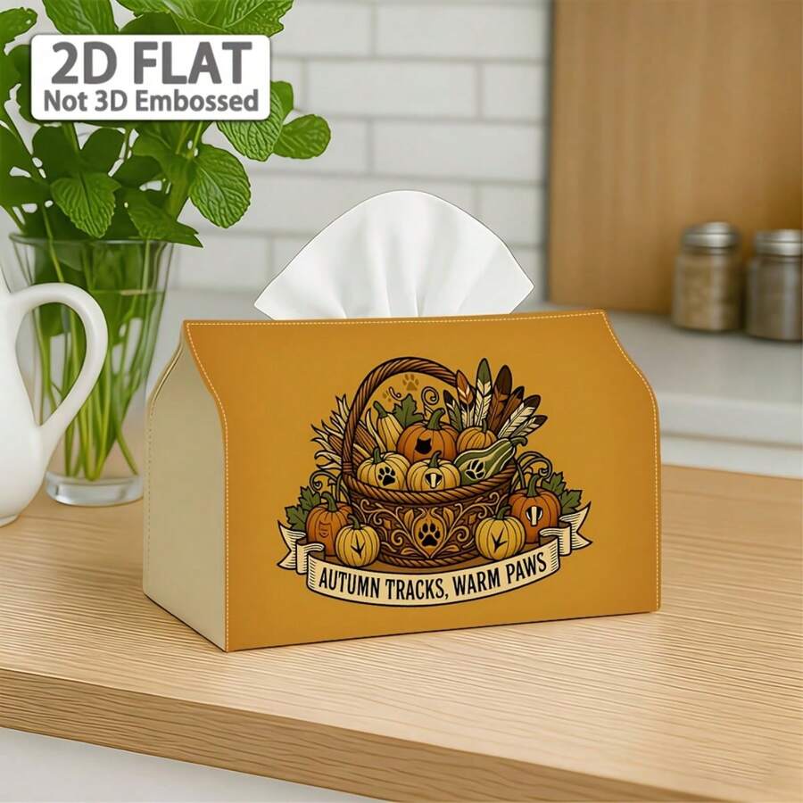 2D Flat 1pc, Tissue Box, Country Woodland Style Tissue Box Multi-Functional Autumn Napkin Dispenser, 2 Sizes Available, Durable Polyester Material, Decorated With Willow Basket And Pumpkin, Suitable For Autumn Harvest Theme Home Decor, Halloween - Multicolor - View 1