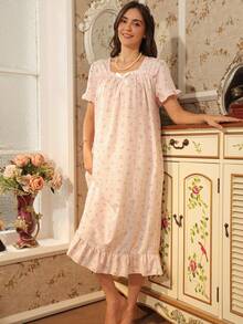 RS Pajama1 Floral Print Bubble Crepe Ruffle Short Sleeve Nightgown With Bow Decor, Square Neck - Pink - View 6