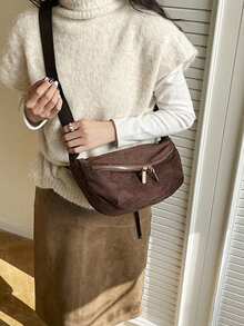 Women Vintage Suede‑Texture Crossbody Sling Bag, Dark Brown Soft Faux Suede Hobo Shoulder Bag, Multi‑Zipper Pocket Casual Crescent Messenger Purse. - Coffee Brown - View 5
