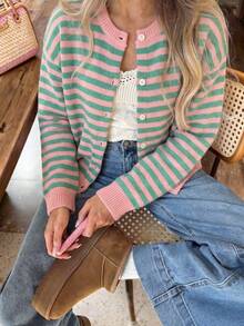 1pc Women's Striped Button-Up Cardigan, College Style Knit Jacket, Dropped Shoulder Long Sleeve Top Suitable For Dating, Streetwear And Outings - Pink - View 7