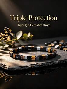 Business Style Square Tiger Eye Hematite Black Agate Beaded Bracelet, Spiritual Jewelry Symbolizing Triple Protection, Elastic Cord Jewelry Suitable For Daily Wear - Multicolor - View 6