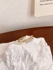 1pc Copper Faux Pearl Index Finger Ring, High-End Fashion Personalized Luxury Elegant Versatile Open Ring, Suitable For Women's Daily Wear - Gold - View 1