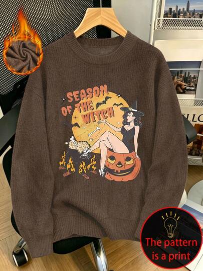 Halloween Plus Size Casual Faux Knit Sweater For Women, Witch And Pumpkin Lantern Print, Round Neck, Long Sleeves, Autumn/Winter Top