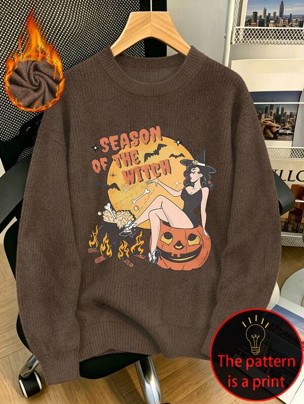 Halloween Plus Size Casual Faux Knit Sweater For Women, Witch And Pumpkin Lantern Print, Round Neck, Long Sleeves, Autumn/Winter Top