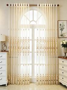 1PC Grommet Top European Palace Style Embroidered Sheer Curtain, Elegant Vintage Floral Pattern Embroidered Sheer Curtain, Luxury Villa Living Room Bedroom Beige Floor-Length Sheer Curtain - Beige - View 8