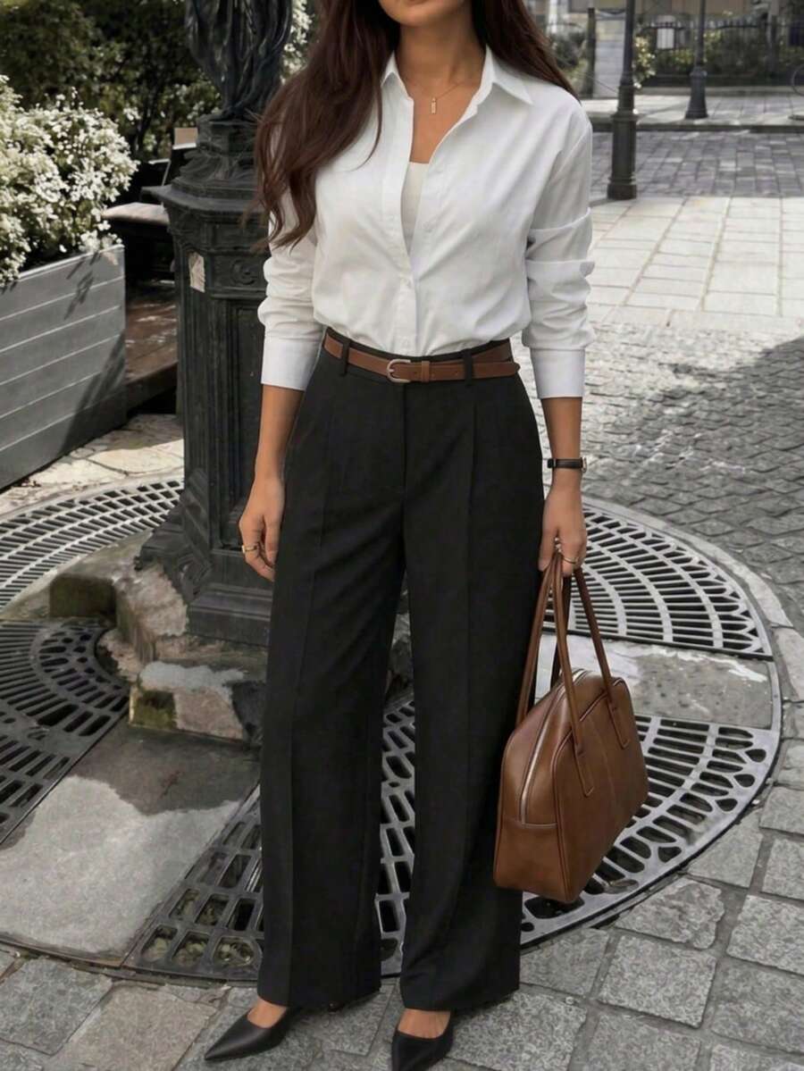 Casual Versatile Commute Solid Color Straight Leg Suit Pants Black Autumn - Black - View 1
