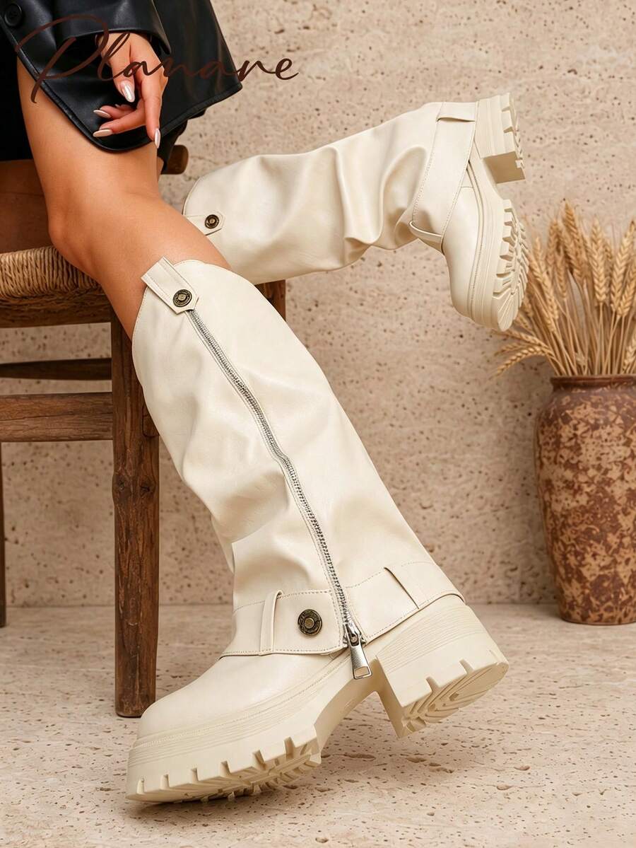 planare New Women's Fashion Minimalist Autumn/Winter Ruched Design Beige High-Top Boots With Metal Buckle Decor, Side Zipper, Thick Sole, Chunky Heel, Loose Leg Opening, Motorcycle Rider Long Boots