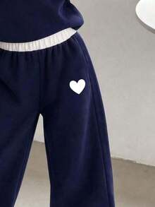 Tween Girl Cartoon Heart Print V-Neck Long Sleeve Warm Sweatshirt And Pants - Royal Blue - View 4