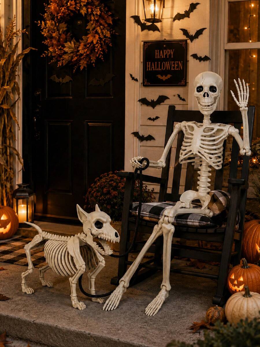 Movable Skeleton And Skeleton Dog Decor, Plastic Skeleton Set With Movable Joints, Scary Halloween Porch, Yard And Haunted House Party Props, Indoor And Outdoor Decoration, Halloween Party Decor - Skeleton Walking Dog - View 1