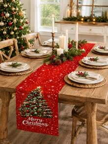 1PC Merry Christmas Linen Table Runner, Red Snowflake Christmas Tree Print Table Runner, Festive Farmhouse Dining Table Centerpiece Decor For Kitchen Dining Room, Xmas Party, Holiday Dinner, Winter Seasonal Home Decoration - Multicolor - View 4