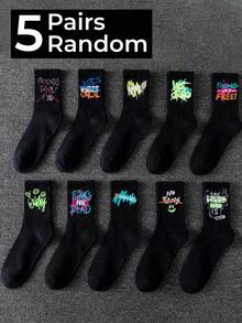 1/5/10 Pairs Men's Random Halloween Minimalist Graffiti Versatile Casual Sports Soft Comfortable Moisture-Wicking Breathable Streetwear Fun Unique Crew Socks Suitable For Any Shoe Style Back To School - Black - View 7