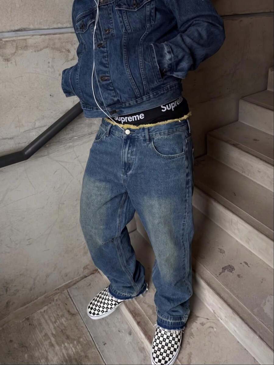 Men's Vintage Blue Washed Distressed Denim Jeans With Frayed Waistband, Loose Straight Leg, Frayed Hem And Frayed Back Pockets - Blue - View 1