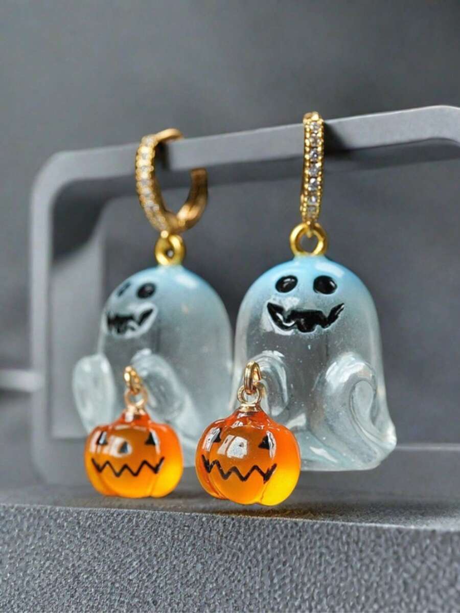 QTHOPE 1 đôi bông tai Halloween hình ma và bí ngô đính đá rhinestone - Ma - Xem 1