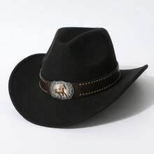 Unisex Classic Western Style Felt Cowboy Hat, Suitable For Horse Riding, Wilderness Photography, Equipped With Running Horse Badge Riveted Leather Strap, Equipped With Running Horse Badge Riveted Leather Strap, Horse Riding, Wilderness Photography, Western Theme Party, Halloween Party, Stage Outfit, Hat, Cap, Cowboy Hat - Multicolor - View 2