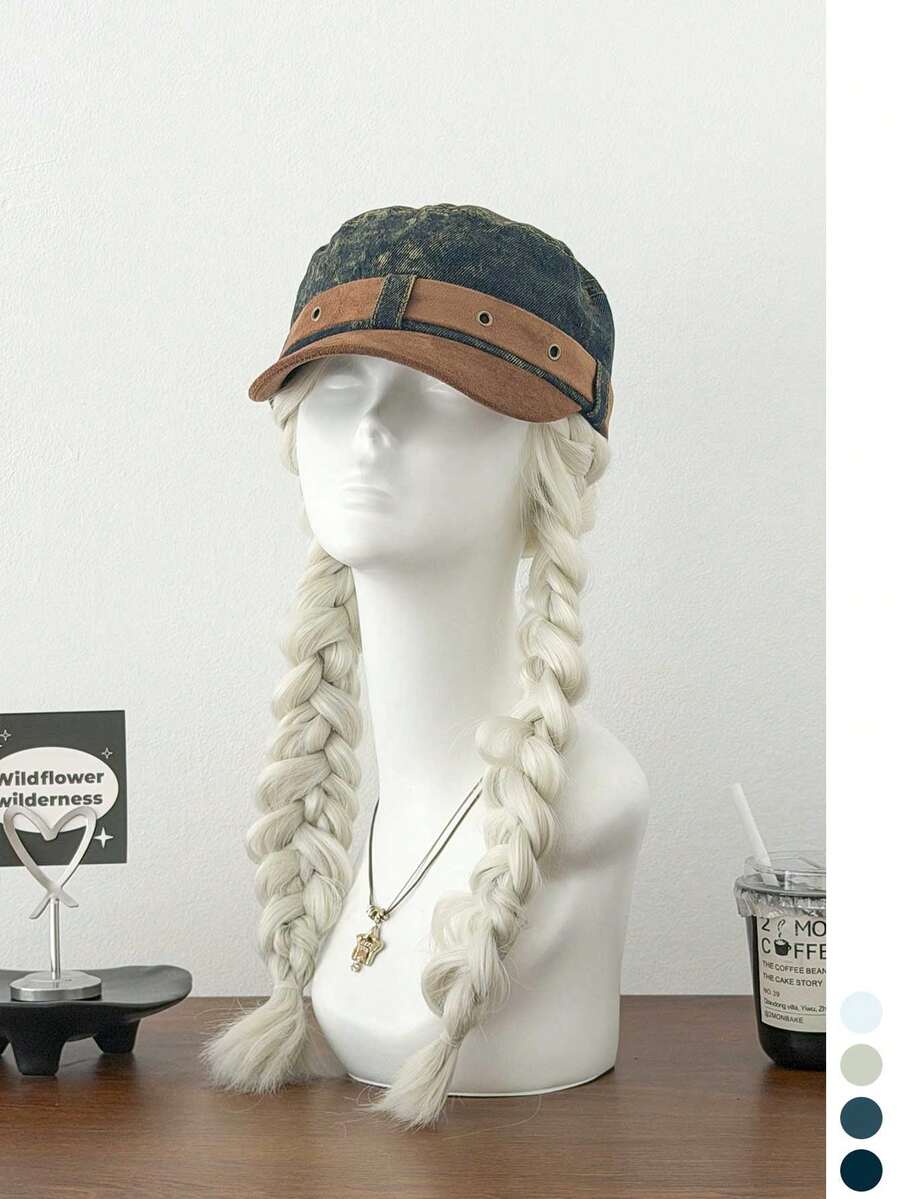 拼接水洗做舊丹寧鉚釘馬術帽，女款復古街頭修飾臉型休閒帽