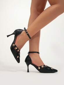 Women's New Elegant Pointed Toe Stiletto High Heel Pumps With Cross Gold Studs And Side Cutout Strap - Black - View 4