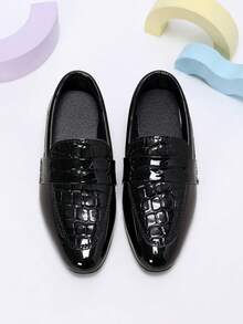 1 Pair Kids Black Crocodile Embossed Glossy Vintage Loafers, Suitable For Wedding Flower Girl, Performance Outfit Matching - Black - View 1