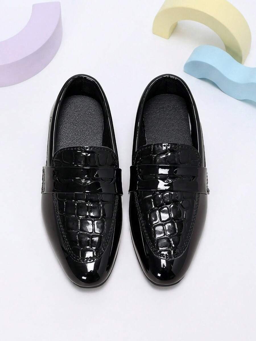 1 Pair Kids Black Crocodile Embossed Glossy Vintage Loafers, Suitable For Wedding Flower Girl, Performance Outfit Matching - Black - View 1