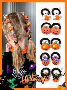 10/8pcs (No Cardboard) Cute Hair Ties For Teens, Fun Pumpkin, Ghost, Bat Cat Design, Halloween Girls Gift, Suitable For Back To School Season - Multicolor - View 1