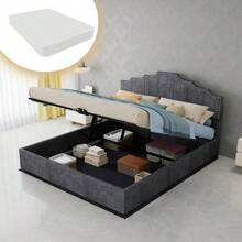 Modern Minimalist Upholstered Bed, Comfortable And Soft Headboard, Multifunctional Bedroom Furniture, High Box Spring Bed Frame With Gas-Pressure Spring, Including 140*200cm Mattress. - 灰色 - 查看 2