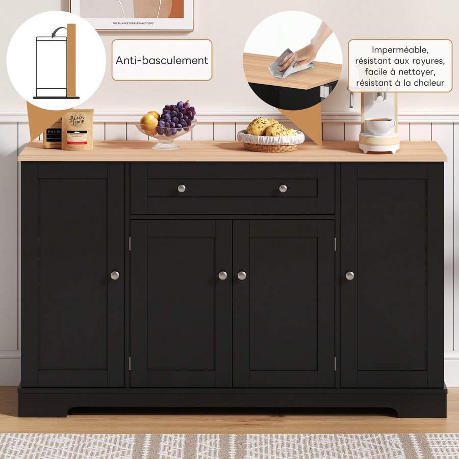Sideboard Made Of Wood With 3 Drawers With Storage With Drawers Brown For Dining Room And Living Room - Black - View 1