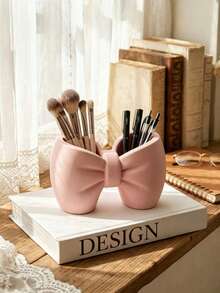 1pc Cute Bow-Shaped Storage Rack, Dual-Compartment Storage Cup, Multi-Functional Bathroom Toothbrush & Toothpaste Holder, Vanity Makeup Brush Holder, Bedroom & Kitchen Countertop Decorative Desktop Pen Holder Storage Box - 1pc Pink - View 2