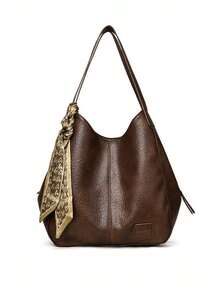 Elegant Business Style Solid Color Textured Bucket Shoulder Bag With Scarf Strap Decor, Suitable For Daily Commute And Gatherings - Brown - View 4