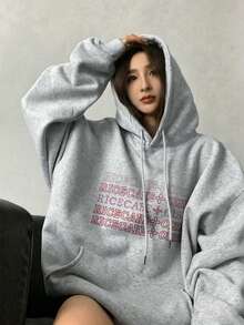 Women's Hooded Sweatshirt, Autumn/Winter New Letter Print, Drawstring Design, With Pockets, Casual Versatile Loose Top, Fashionable Daily Wear Fall - Dark Gray - View 7