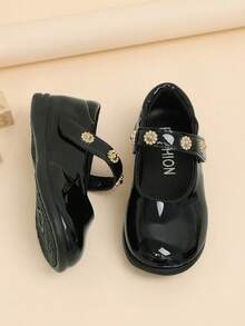 Girls' Black Glossy 3D Rhinestone Flower Mary Jane Shoes, School Style, Suitable For Performances And School Activities - Black - View 6