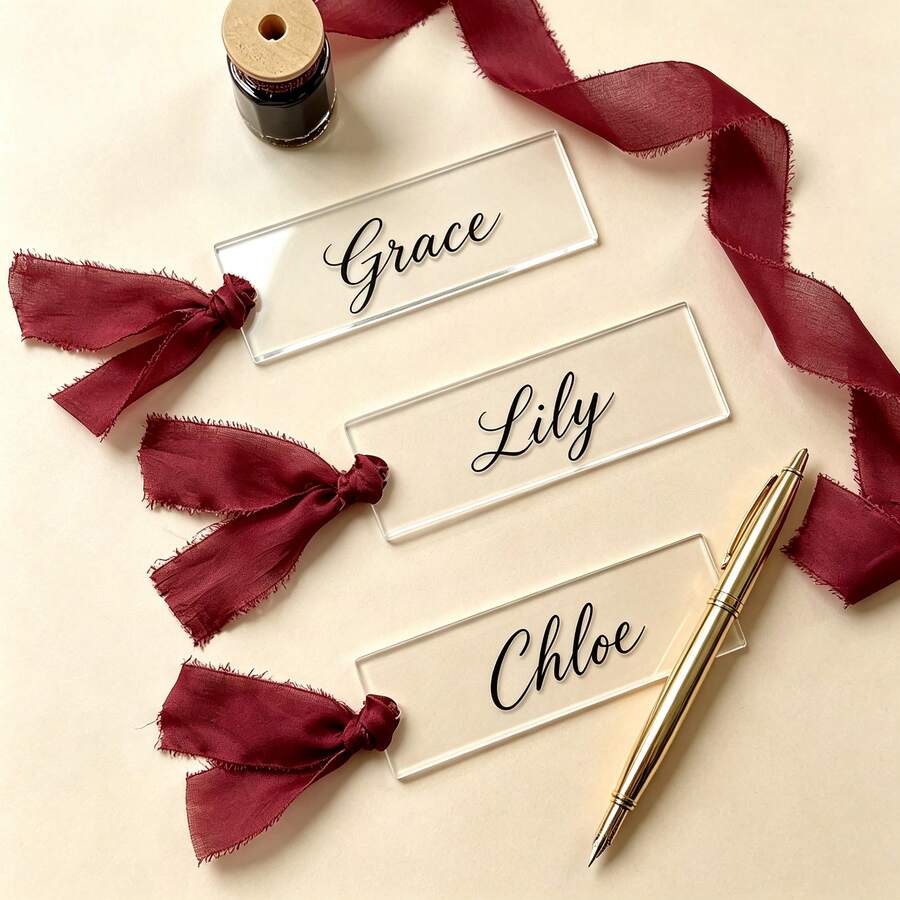 50pcs/100pcs Acrylic Business Cards, Acrylic Perforated Wedding Name Cards, Keychains, Rectangular Table Place Cards, Handwritten Calligraphy Boards, Guest Name Decorative Plaques, Wedding Decor, Transparent Blank Personalized Labels